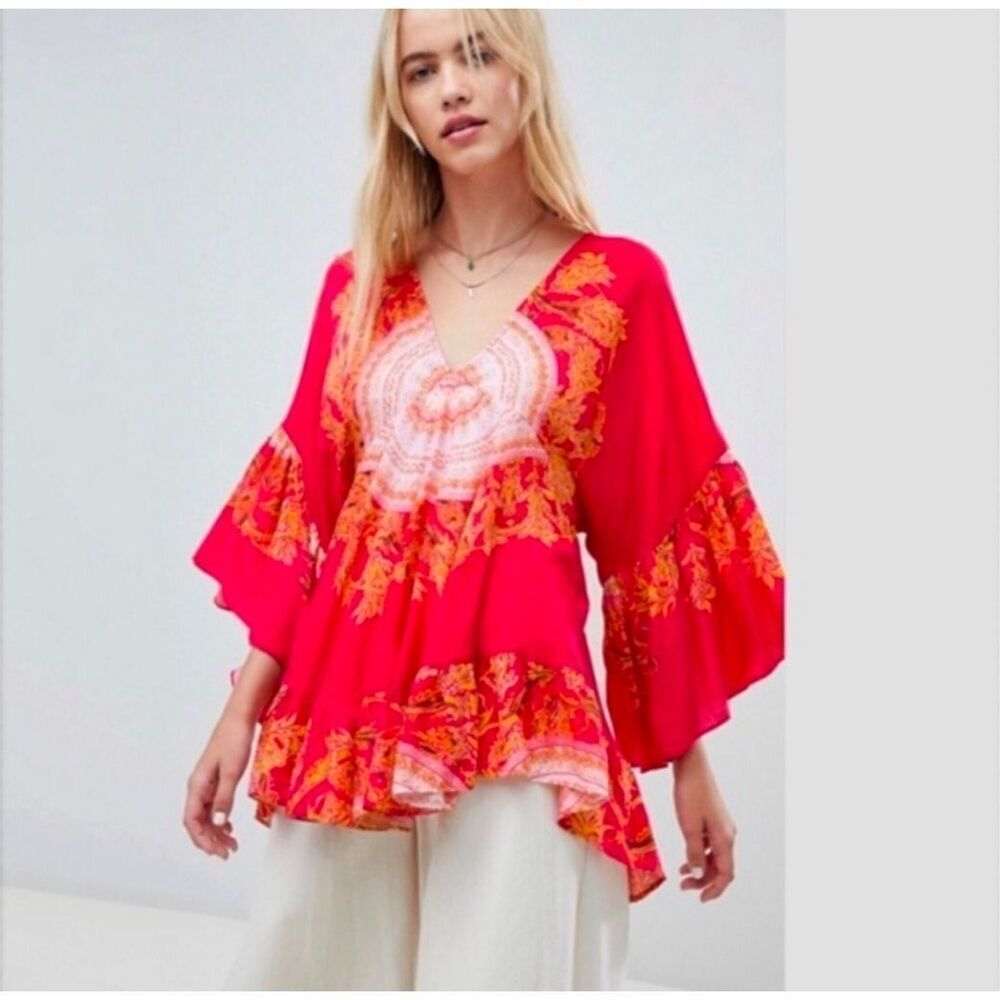 FREE PEOPLE Sunset Dreams Printed Red Tunic Top Size S M Boho Flutter Hippie